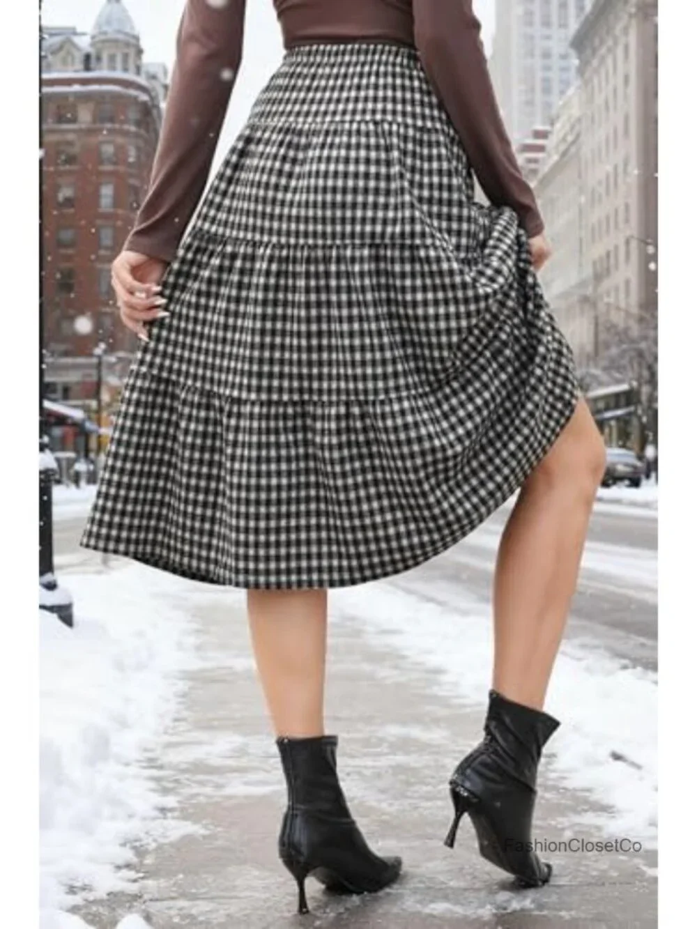 High Waisted Plaid Pleated Maxi Skirt Plus Size Fall Winter